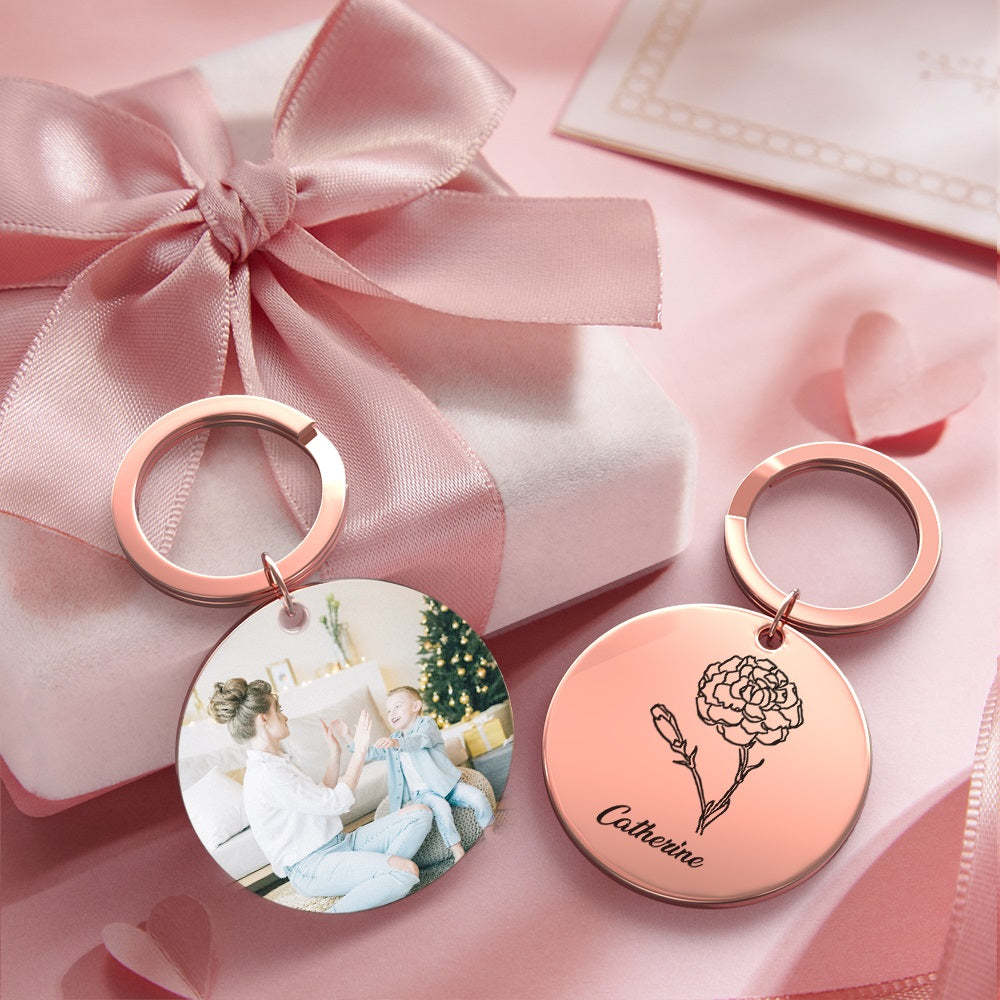 Custom Photo Keychain Personalized Month Flower Mothers Day Gifts for Mum - SantaSocks