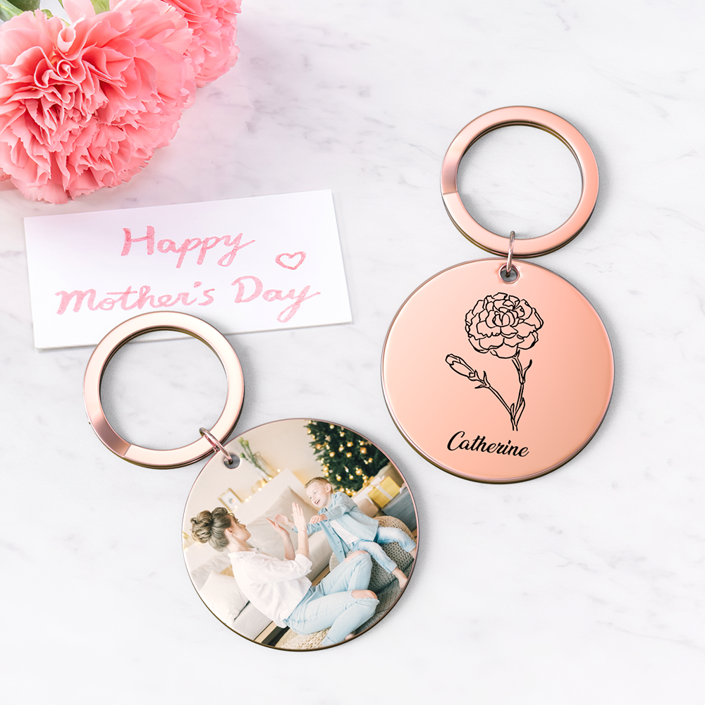 Custom Photo Keychain Personalized Month Flower Mothers Day Gifts for Mum - SantaSocks