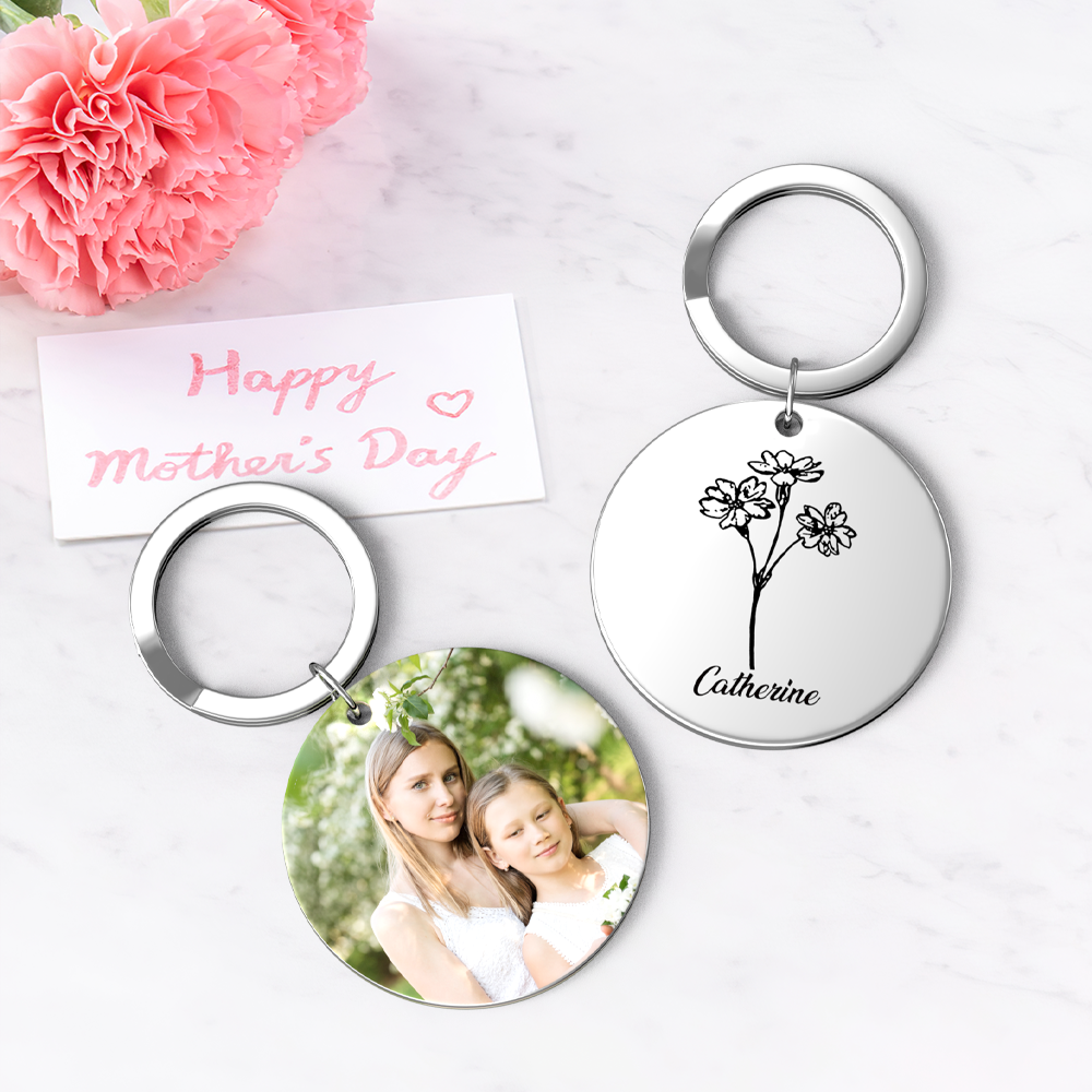 Custom Photo Keychain Personalized Month Flower Mothers Day Gifts for Mum - SantaSocks
