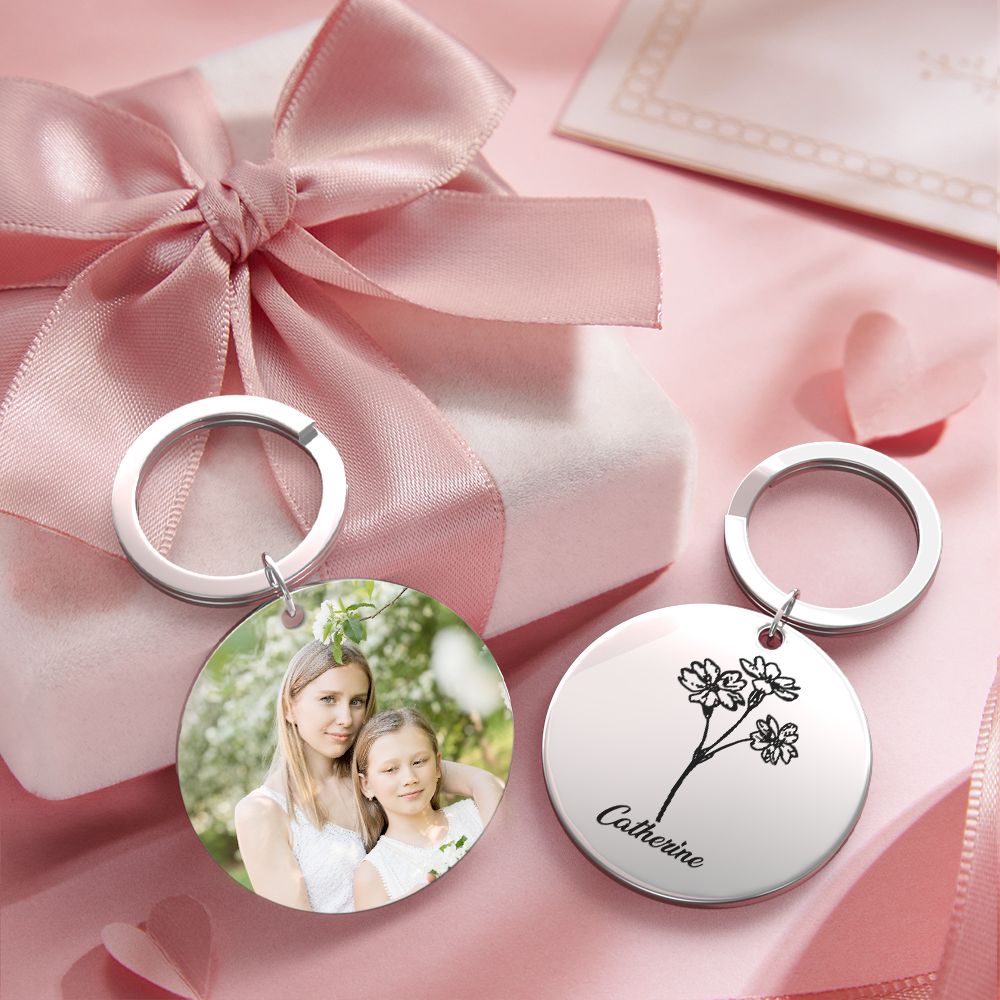 Custom Photo Keychain Personalized Month Flower Mothers Day Gifts for Mum - SantaSocks