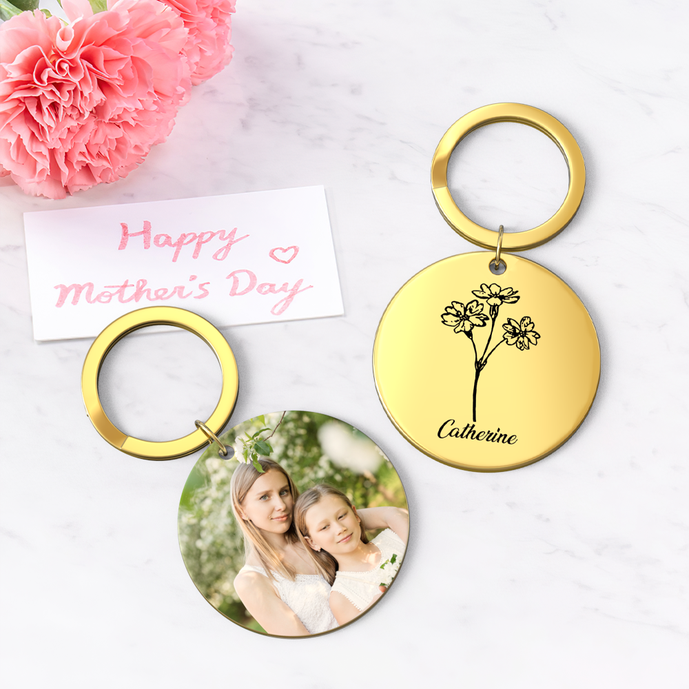 Custom Photo Keychain Personalized Month Flower Mothers Day Gifts for Mum - SantaSocks