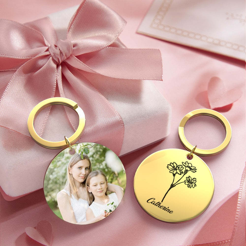 Custom Photo Keychain Personalized Month Flower Mothers Day Gifts for Mum - SantaSocks