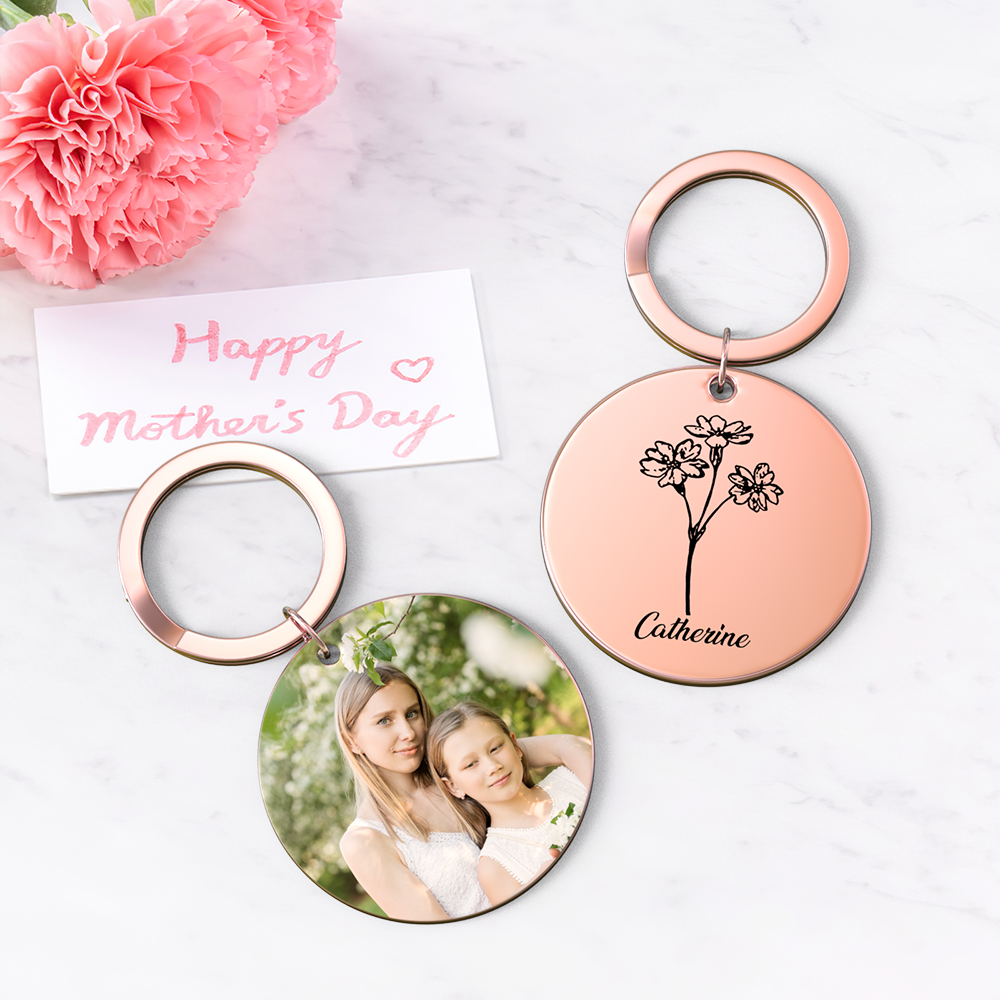 Custom Photo Keychain Personalized Month Flower Mothers Day Gifts for Mum - SantaSocks