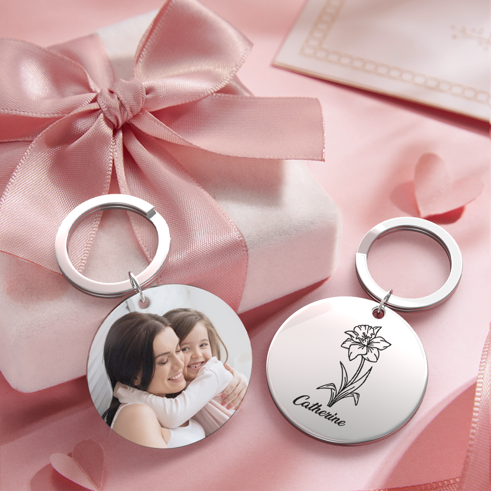 Custom Photo Keychain Personalized Month Flower Mothers Day Gifts for Mum - SantaSocks