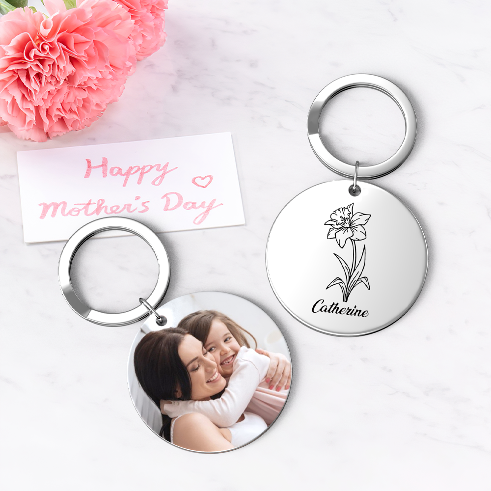 Custom Photo Keychain Personalized Month Flower Mothers Day Gifts for Mum - SantaSocks