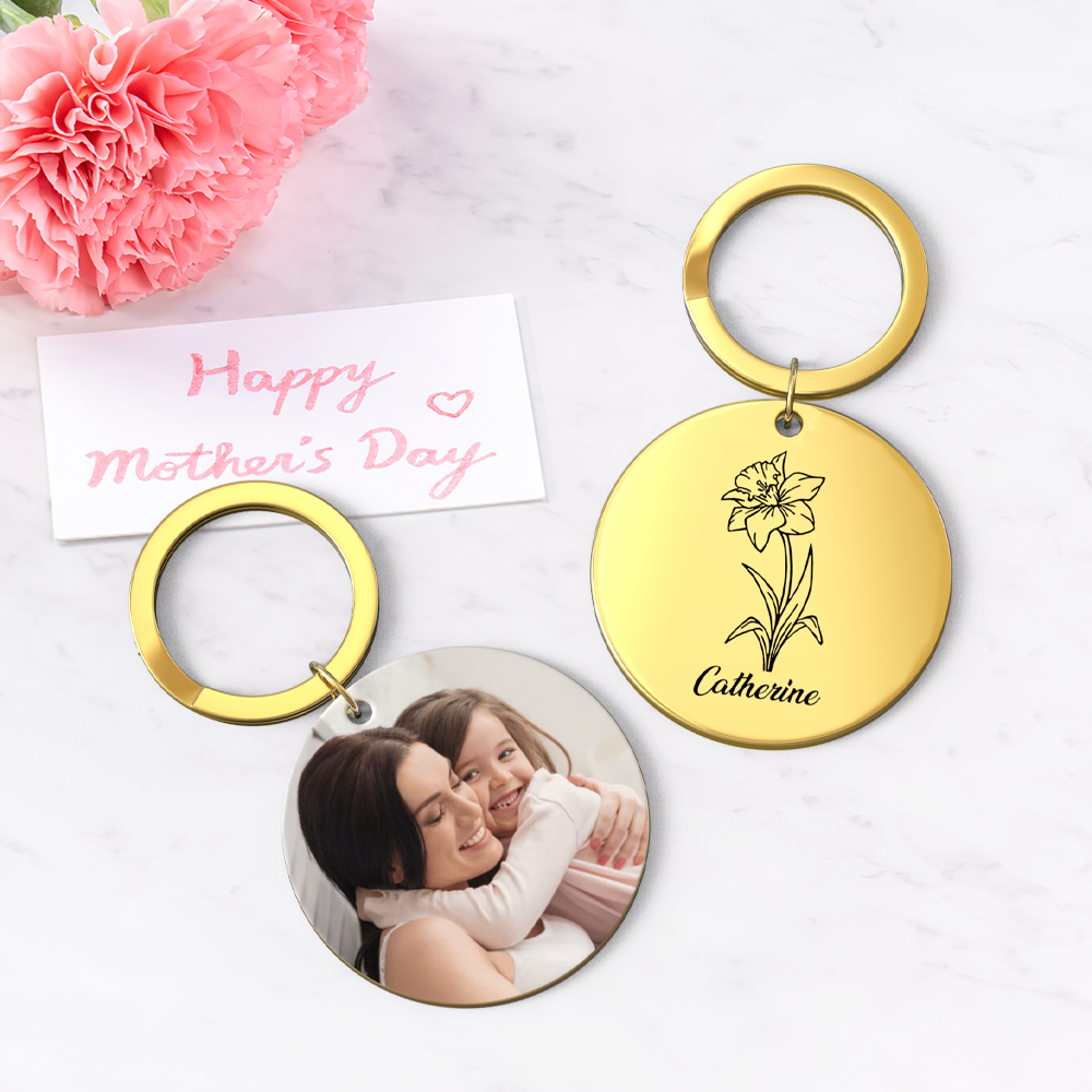Custom Photo Keychain Personalized Month Flower Mothers Day Gifts for Mum - SantaSocks
