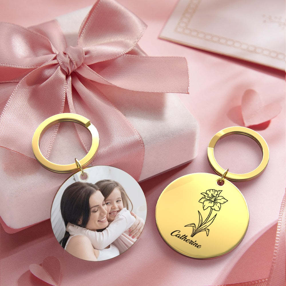 Custom Photo Keychain Personalized Month Flower Mothers Day Gifts for Mum - SantaSocks
