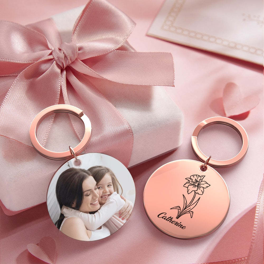 Custom Photo Keychain Personalized Month Flower Mothers Day Gifts for Mum - SantaSocks