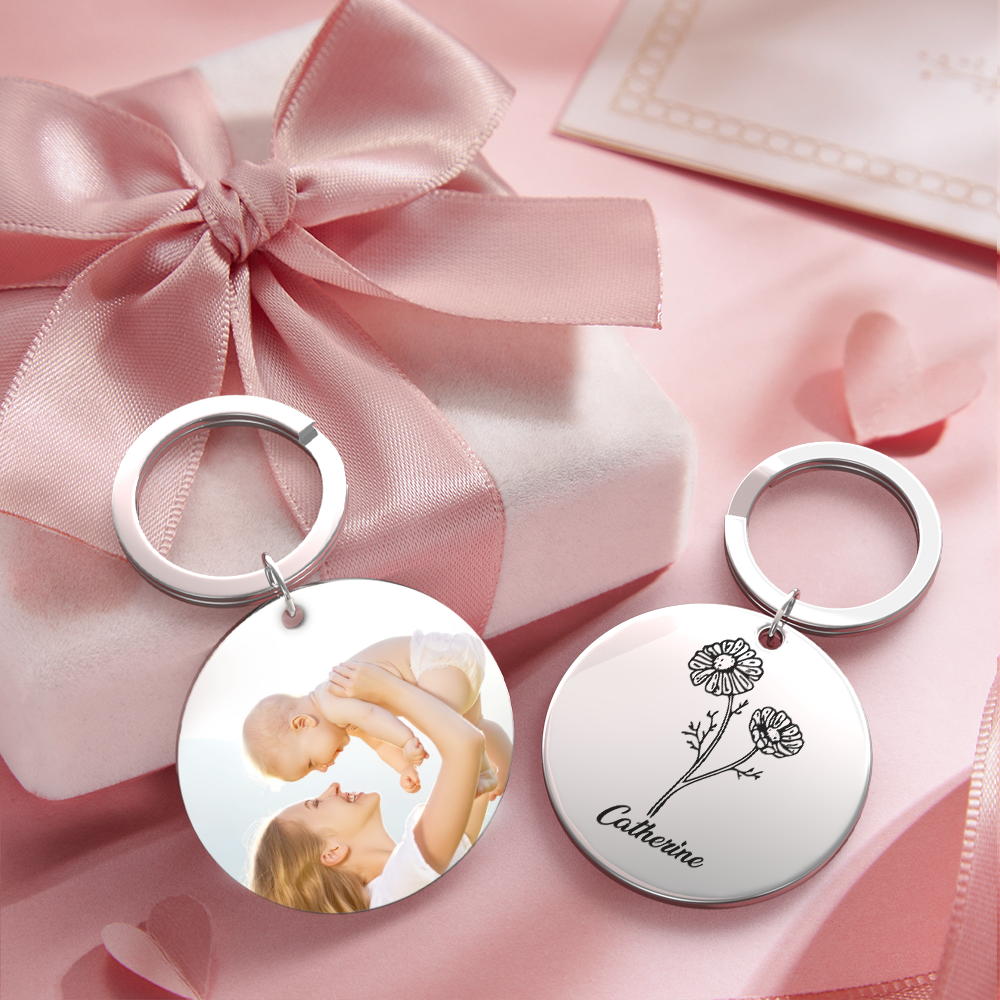 Custom Photo Keychain Personalized Month Flower Mothers Day Gifts for Mum - SantaSocks