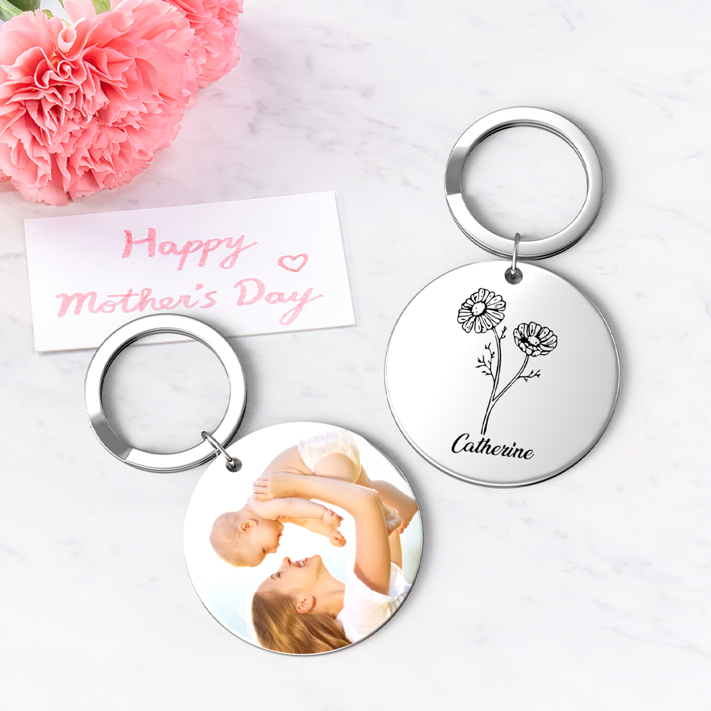 Custom Photo Keychain Personalized Month Flower Mothers Day Gifts for Mum - SantaSocks