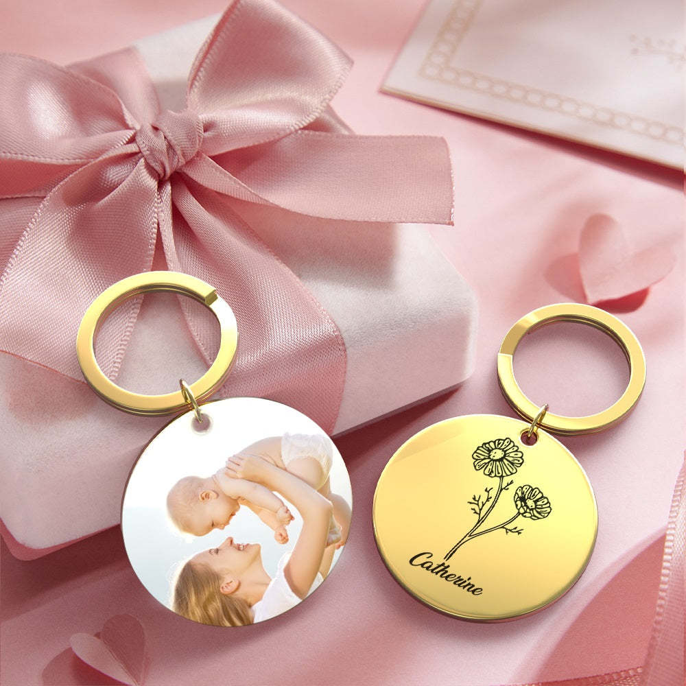 Custom Photo Keychain Personalized Month Flower Mothers Day Gifts for Mum - SantaSocks