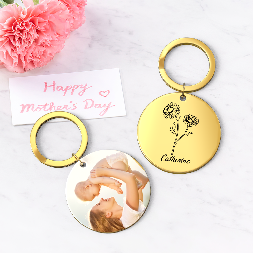 Custom Photo Keychain Personalized Month Flower Mothers Day Gifts for Mum - SantaSocks