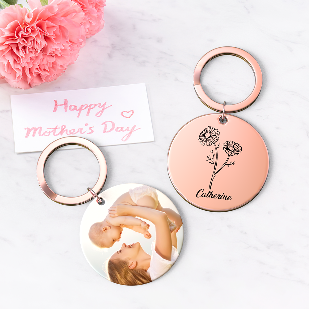 Custom Photo Keychain Personalized Month Flower Mothers Day Gifts for Mum - SantaSocks