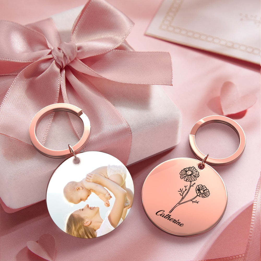 Custom Photo Keychain Personalized Month Flower Mothers Day Gifts for Mum - SantaSocks