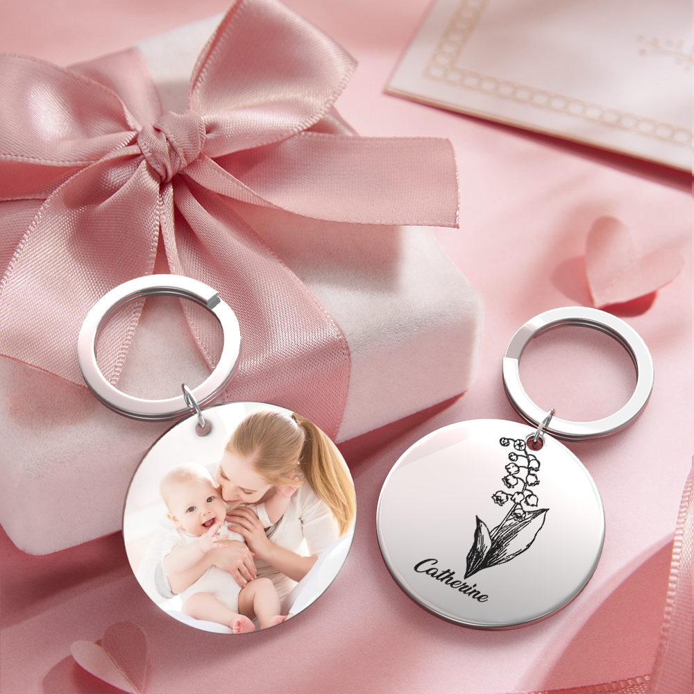Custom Photo Keychain Personalized Month Flower Mothers Day Gifts for Mum - SantaSocks