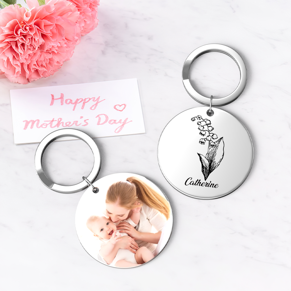 Custom Photo Keychain Personalized Month Flower Mothers Day Gifts for Mum - SantaSocks