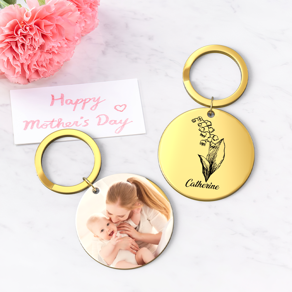 Custom Photo Keychain Personalized Month Flower Mothers Day Gifts for Mum - SantaSocks
