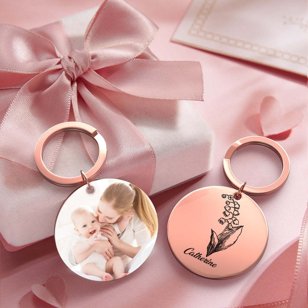 Custom Photo Keychain Personalized Month Flower Mothers Day Gifts for Mum - SantaSocks