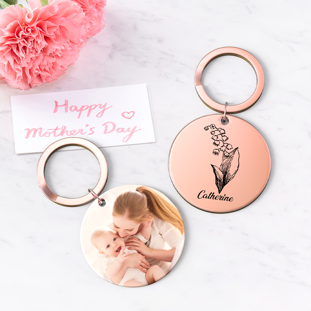 Custom Photo Keychain Personalized Month Flower Mothers Day Gifts for Mum - SantaSocks