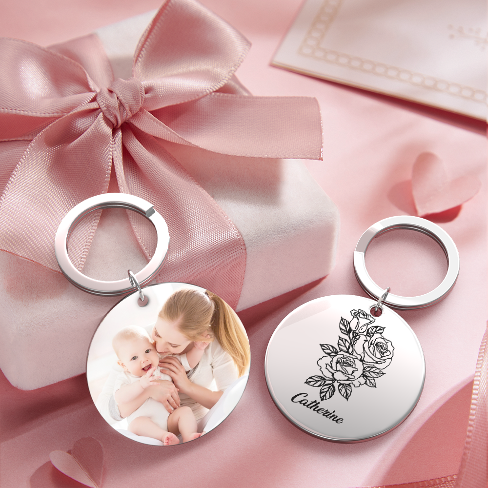Custom Photo Keychain Personalized Month Flower Mothers Day Gifts for Mum - SantaSocks