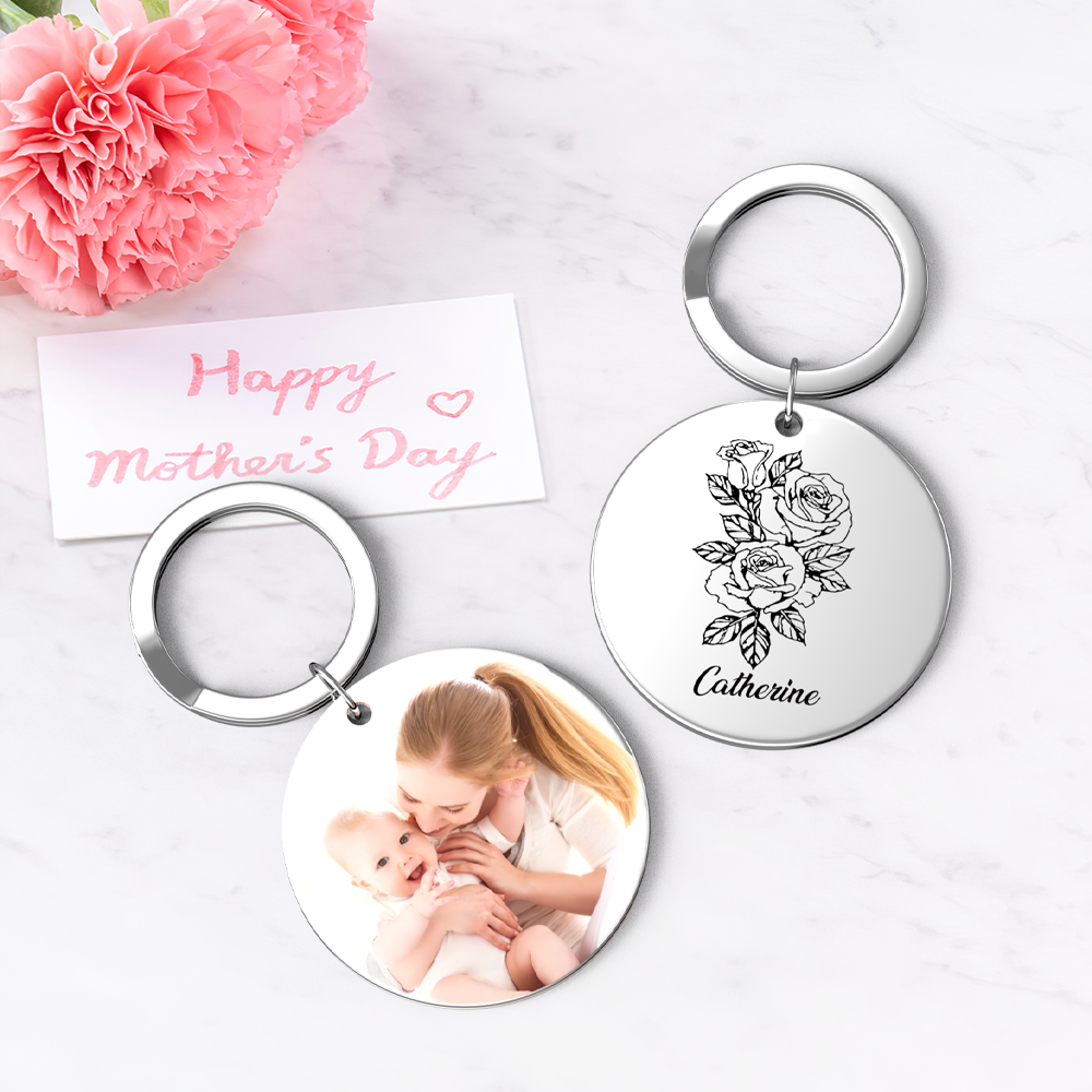 Custom Photo Keychain Personalized Month Flower Mothers Day Gifts for Mum - SantaSocks