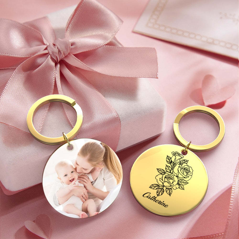 Custom Photo Keychain Personalized Month Flower Mothers Day Gifts for Mum - SantaSocks
