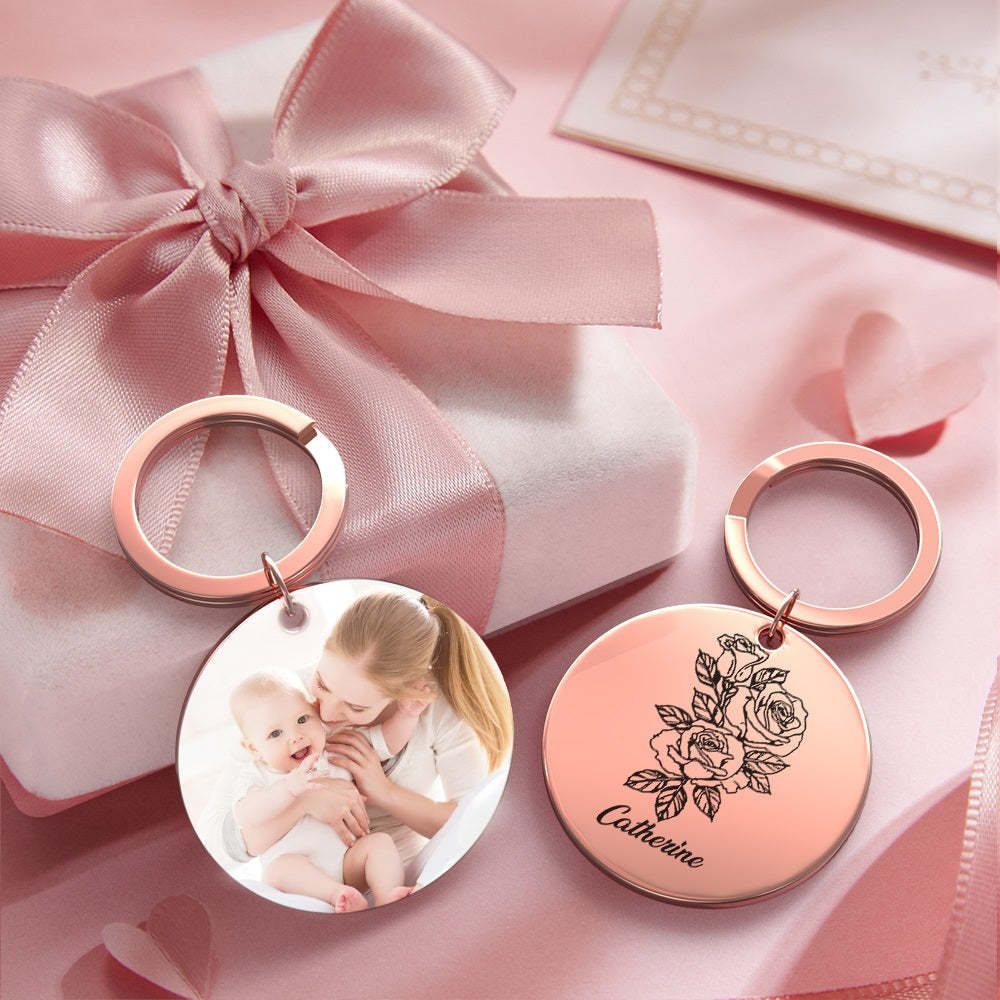 Custom Photo Keychain Personalized Month Flower Mothers Day Gifts for Mum - SantaSocks