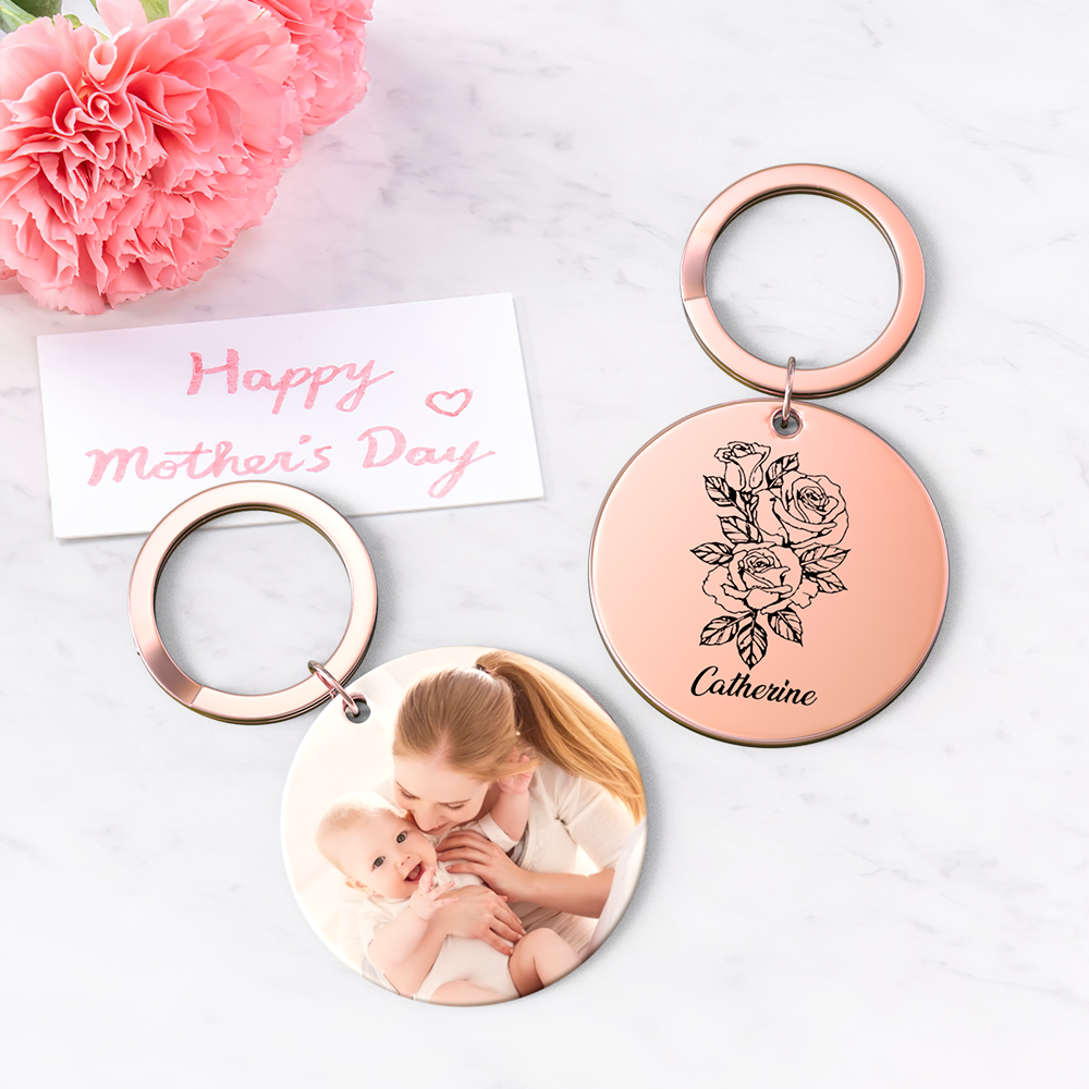 Custom Photo Keychain Personalized Month Flower Mothers Day Gifts for Mum - SantaSocks
