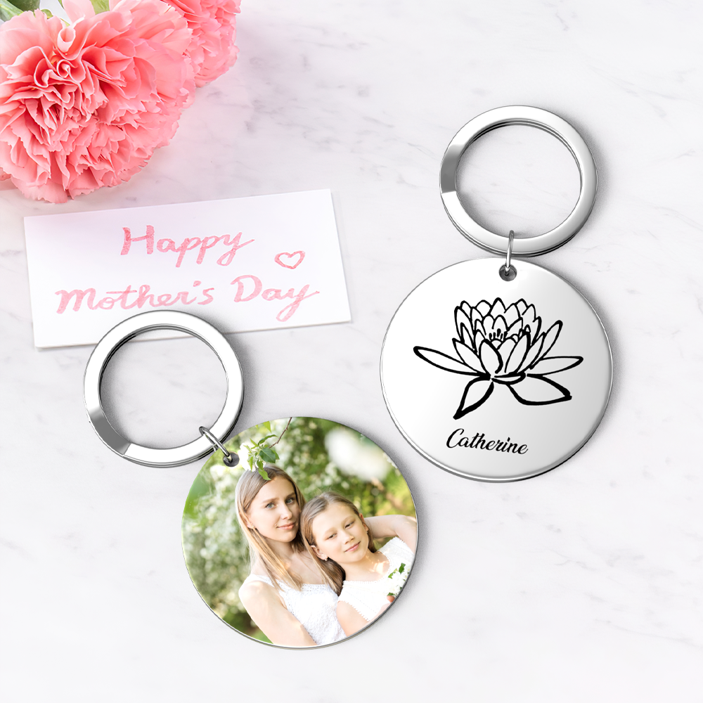Custom Photo Keychain Personalized Month Flower Mothers Day Gifts for Mum - SantaSocks
