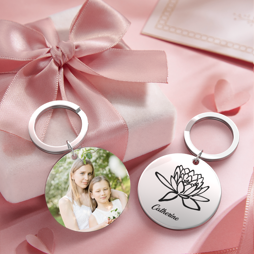 Custom Photo Keychain Personalized Month Flower Mothers Day Gifts for Mum - SantaSocks