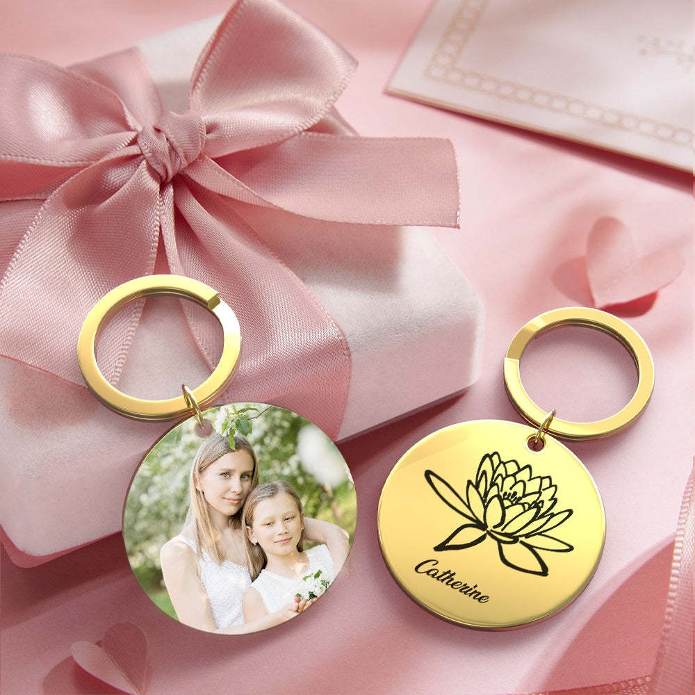Custom Photo Keychain Personalized Month Flower Mothers Day Gifts for Mum - SantaSocks