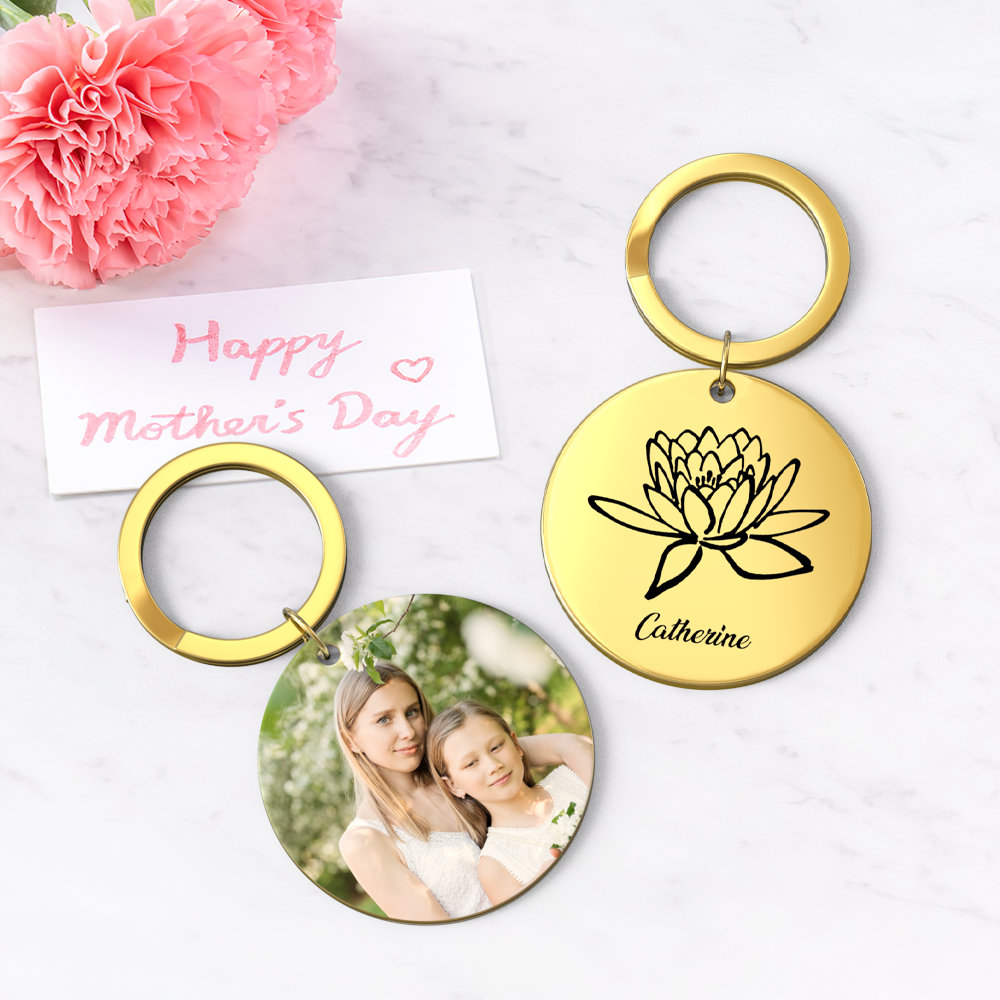 Custom Photo Keychain Personalized Month Flower Mothers Day Gifts for Mum - SantaSocks