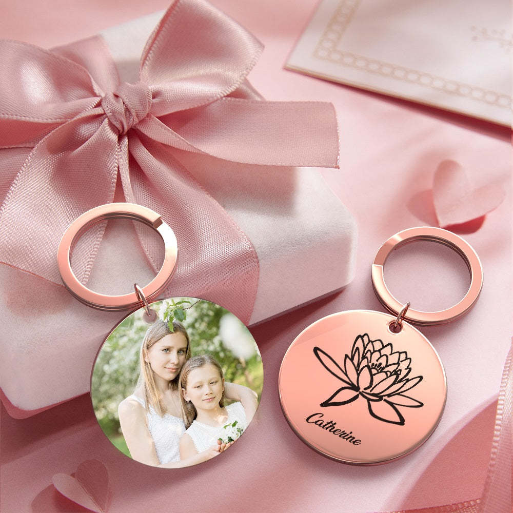 Custom Photo Keychain Personalized Month Flower Mothers Day Gifts for Mum - SantaSocks