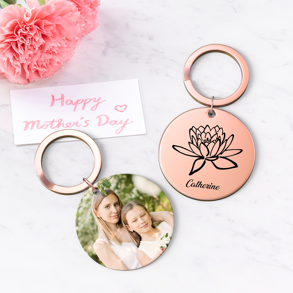 Custom Photo Keychain Personalized Month Flower Mothers Day Gifts for Mum - SantaSocks