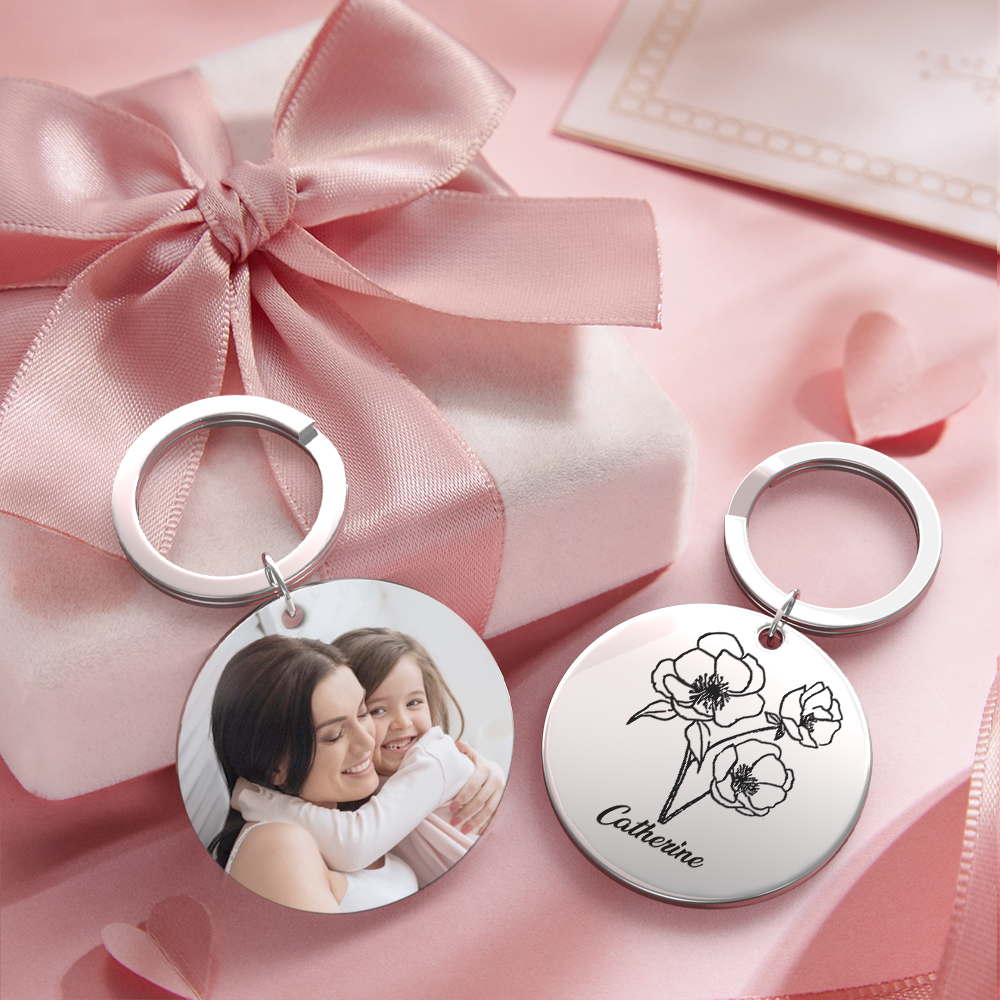 Custom Photo Keychain Personalized Month Flower Mothers Day Gifts for Mum - SantaSocks