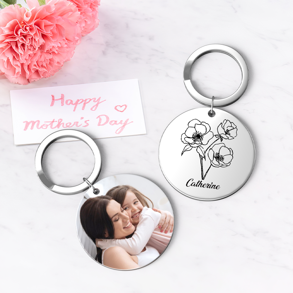 Custom Photo Keychain Personalized Month Flower Mothers Day Gifts for Mum - SantaSocks