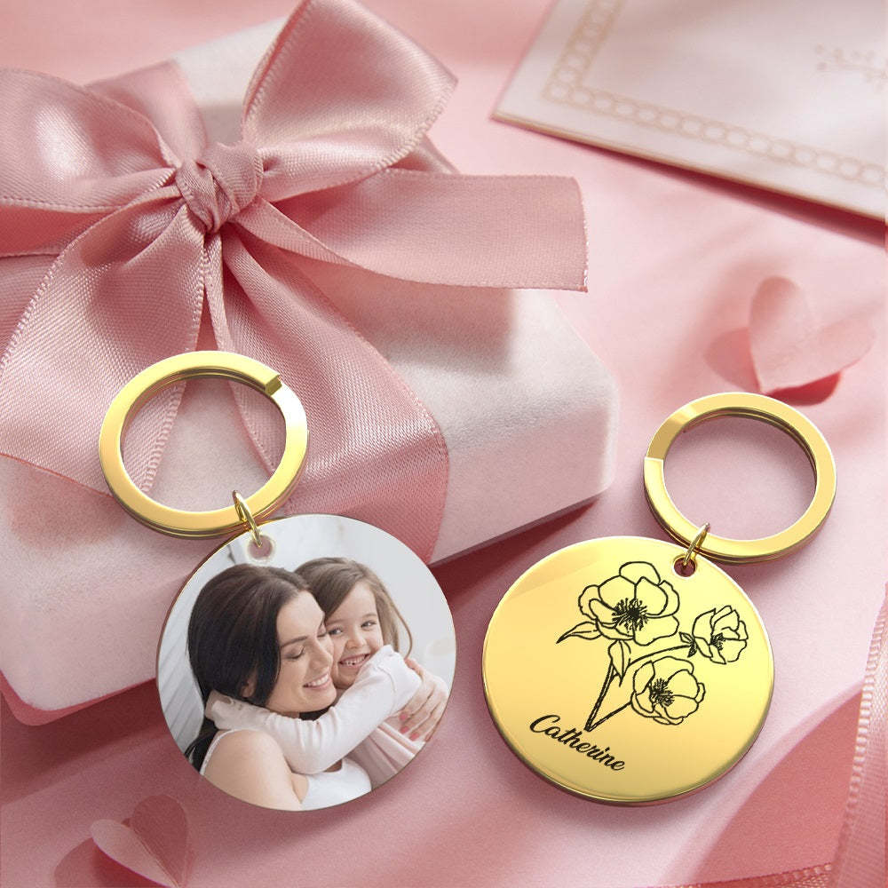 Custom Photo Keychain Personalized Month Flower Mothers Day Gifts for Mum - SantaSocks