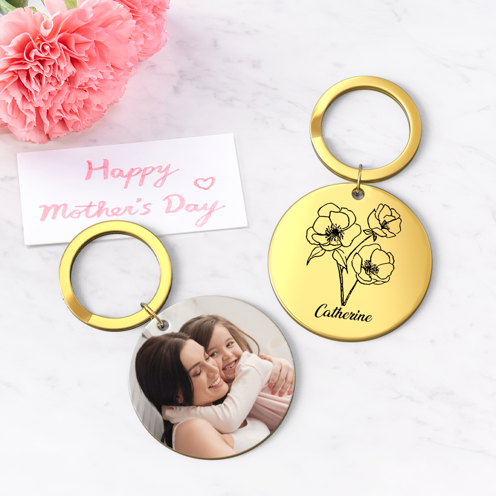 Custom Photo Keychain Personalized Month Flower Mothers Day Gifts for Mum - SantaSocks