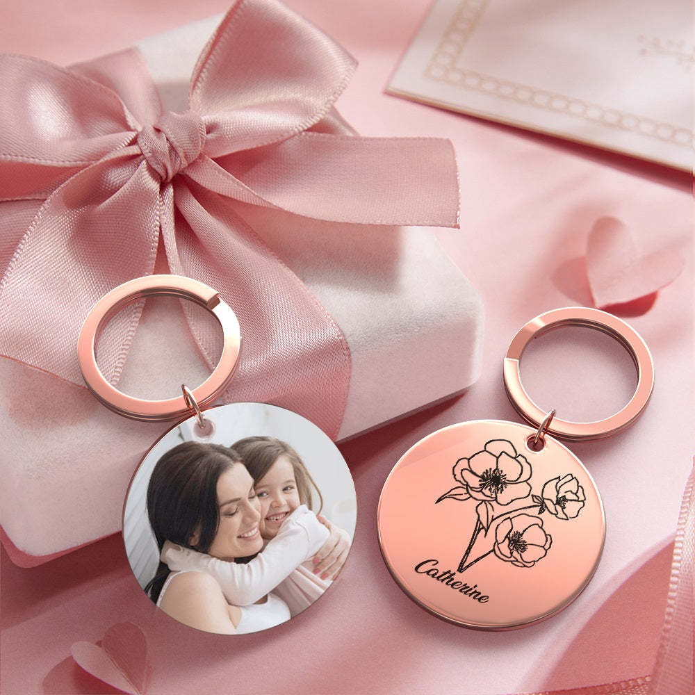 Custom Photo Keychain Personalized Month Flower Mothers Day Gifts for Mum - SantaSocks