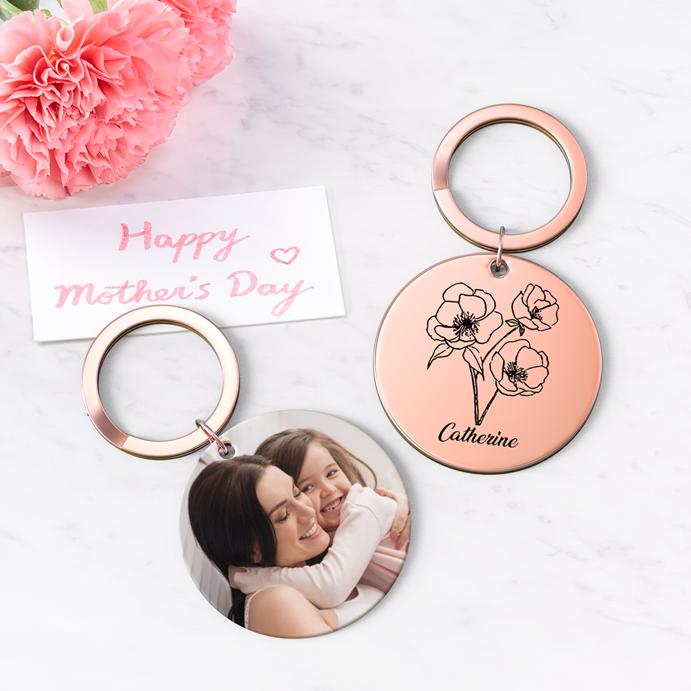 Custom Photo Keychain Personalized Month Flower Mothers Day Gifts for Mum - SantaSocks
