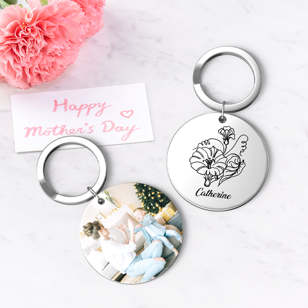 Custom Photo Keychain Personalized Month Flower Mothers Day Gifts for Mum - SantaSocks