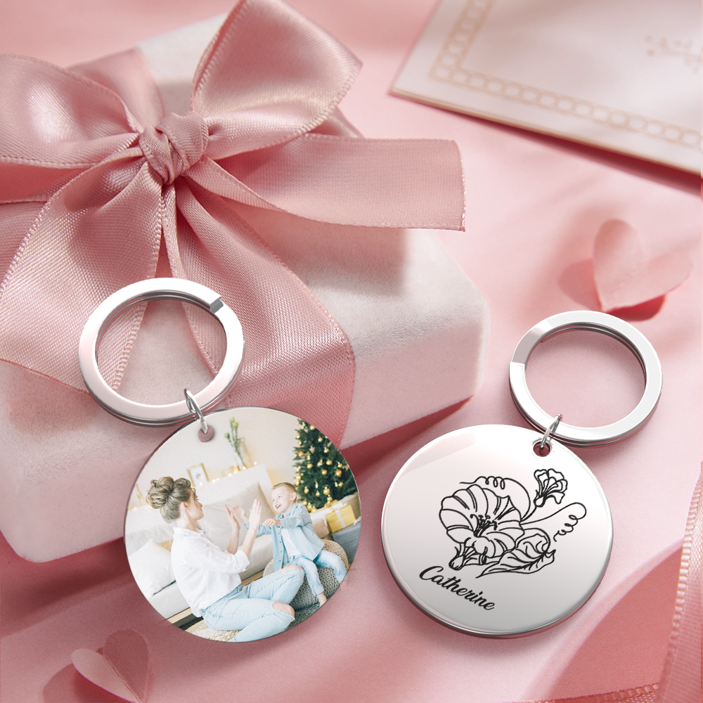 Custom Photo Keychain Personalized Month Flower Mothers Day Gifts for Mum - SantaSocks