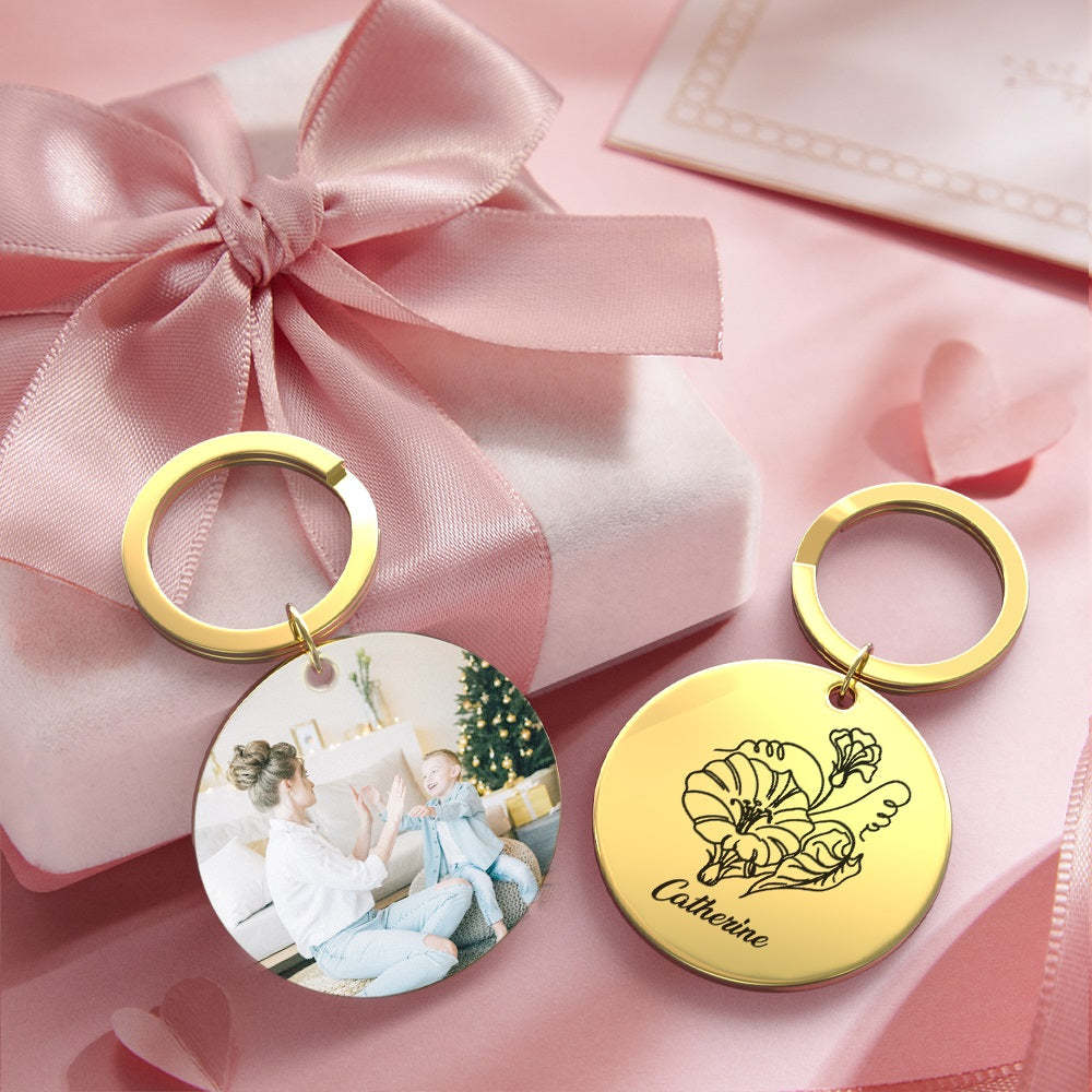 Custom Photo Keychain Personalized Month Flower Mothers Day Gifts for Mum - SantaSocks
