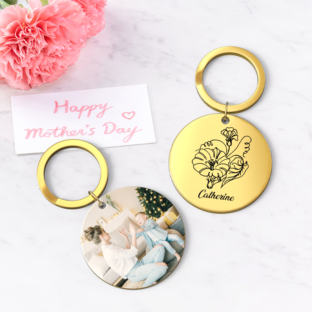 Custom Photo Keychain Personalized Month Flower Mothers Day Gifts for Mum - SantaSocks