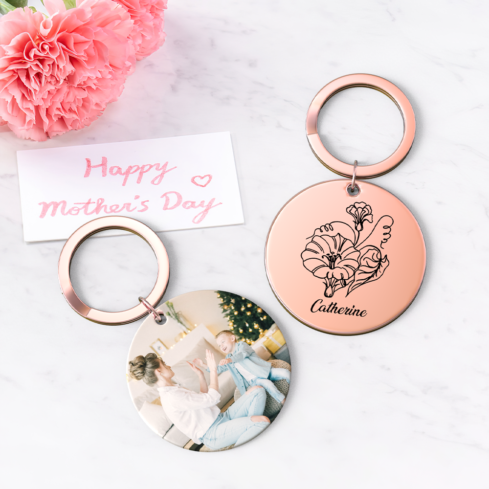 Custom Photo Keychain Personalized Month Flower Mothers Day Gifts for Mum - SantaSocks