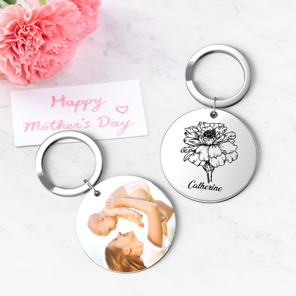Custom Photo Keychain Personalized Month Flower Mothers Day Gifts for Mum - SantaSocks