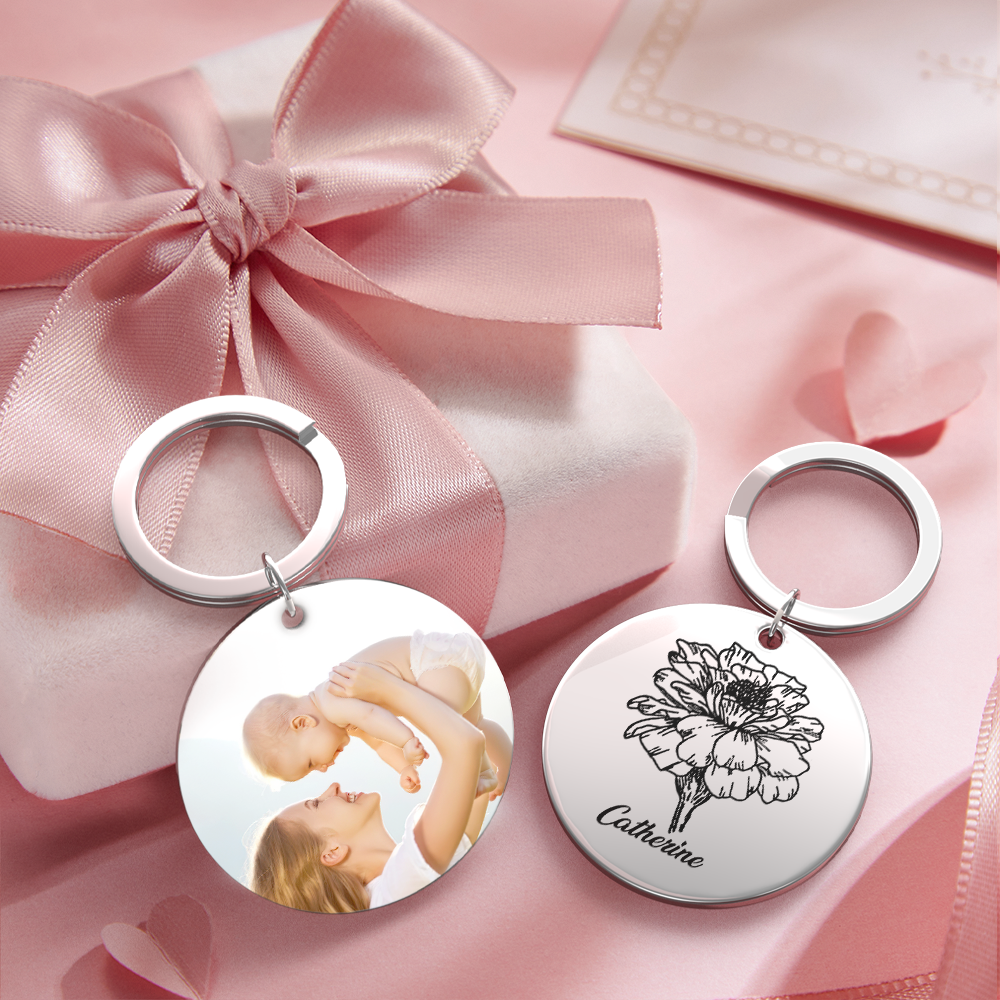 Custom Photo Keychain Personalized Month Flower Mothers Day Gifts for Mum - SantaSocks