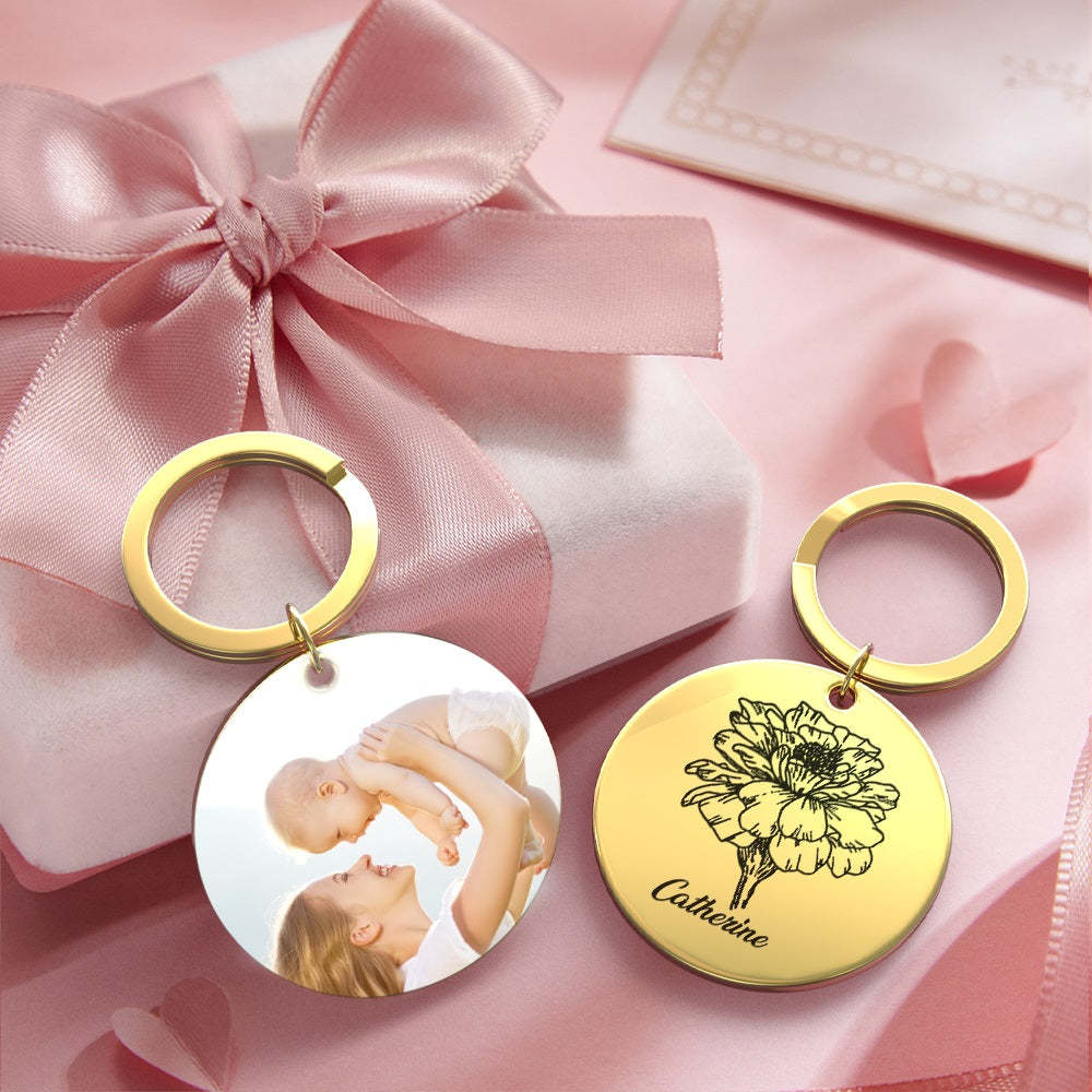 Custom Photo Keychain Personalized Month Flower Mothers Day Gifts for Mum - SantaSocks