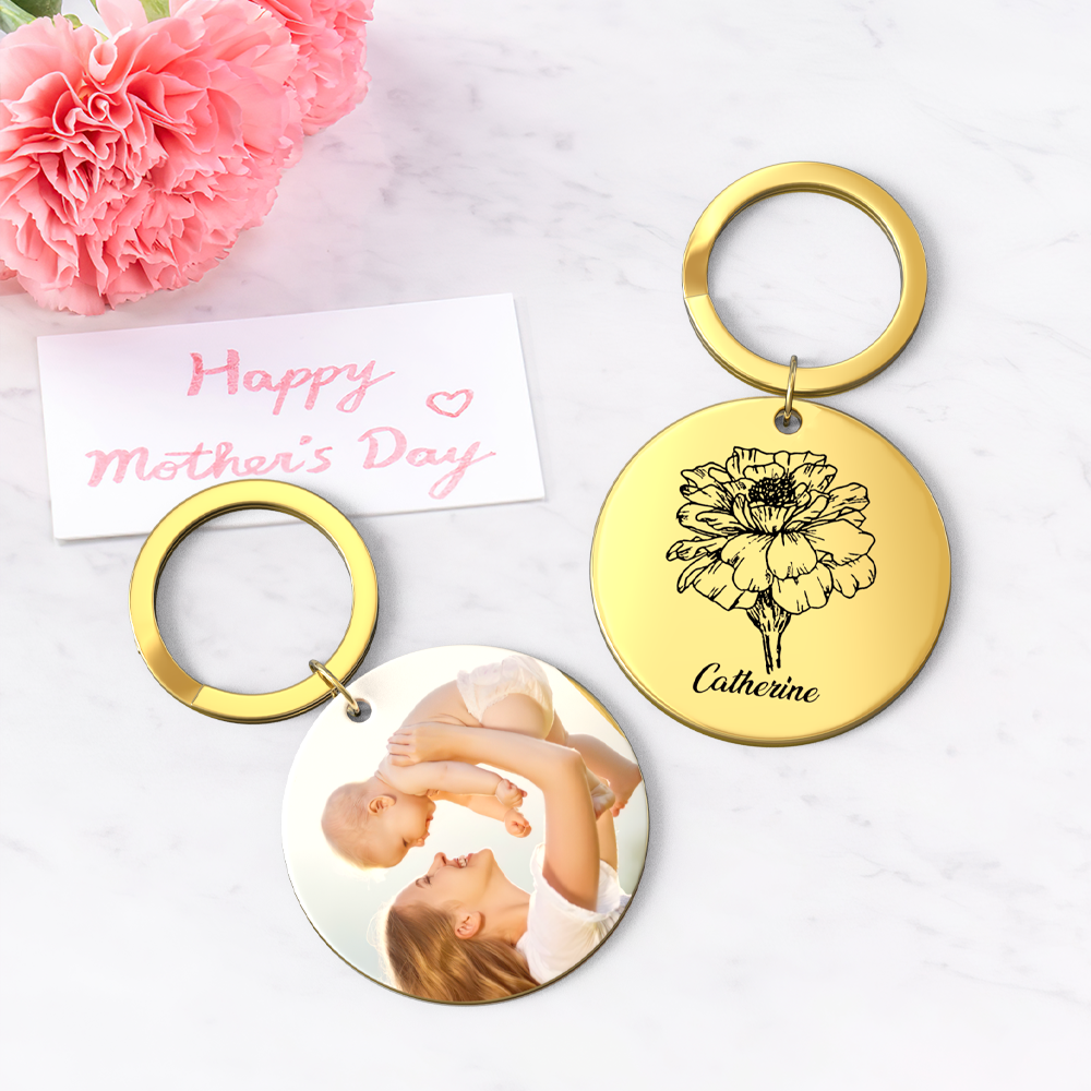 Custom Photo Keychain Personalized Month Flower Mothers Day Gifts for Mum - SantaSocks