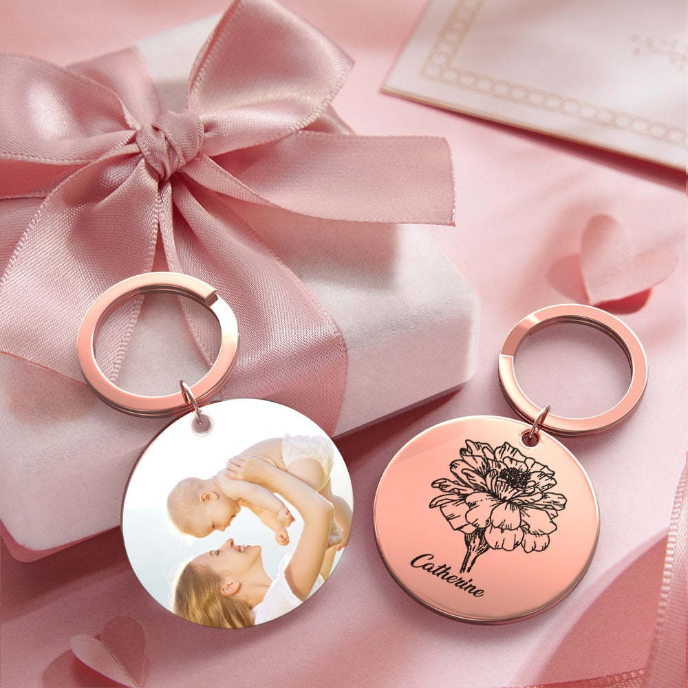 Custom Photo Keychain Personalized Month Flower Mothers Day Gifts for Mum - SantaSocks